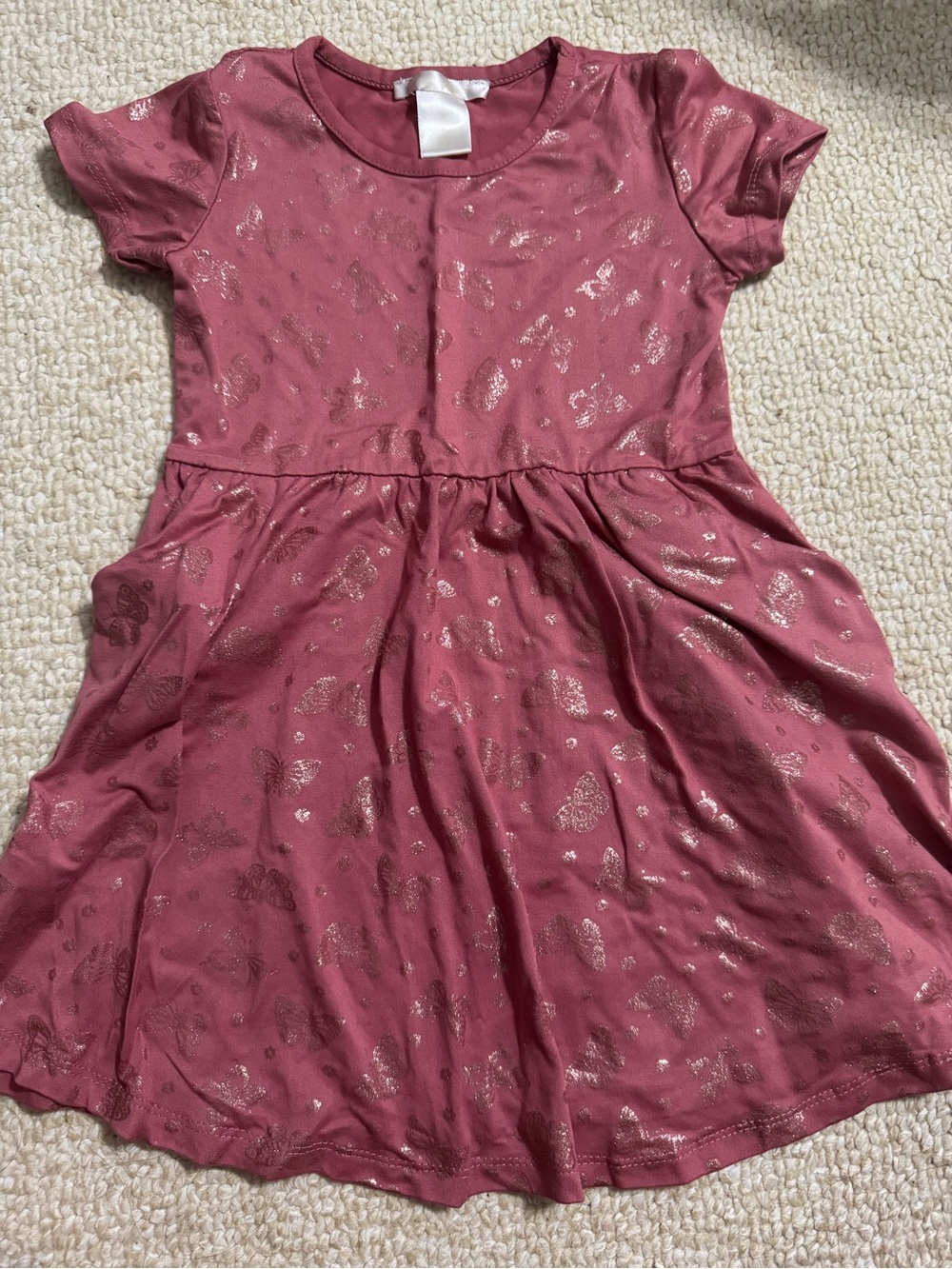 Girls' Short Sleeve Rose Pink Skater Dress with Butterflies